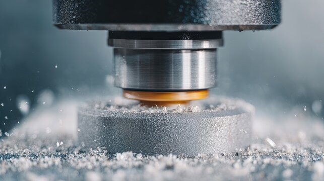 High-Precision CNC Milling Process Capturing Fine Metal Shavings with Close-Up Macro Lens Focused on Machinery in Action