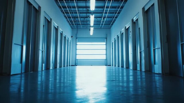 Long, symmetrical industrial corridor with an open loading bay creating bright overhead light, reflecting on the polished concrete floor, suggesting a modern empty factory or distribution center