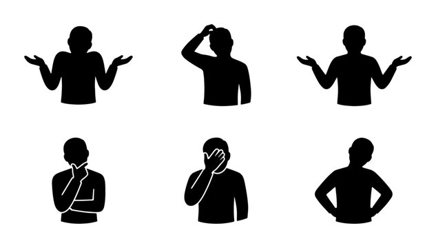 Silhouette Icons Set: Confusion, Doubt, Thinking, Uncertainty, Questioning, Pondering Human Poses, Graphic Resource
