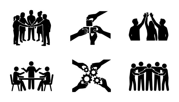 Teamwork and Collaboration Icons: Group Synergy, Meeting, Partnership, Unity, Support, Project Management