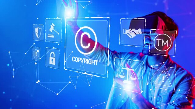 A young man explores virtual reality icons representing copyright and digital law in a captivating blue atmosphere, showcasing innovative technology and interaction. Raster