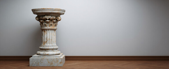 Naklejka premium Charming vintage marble statue base showcased on a Roman column in a gallery setting
