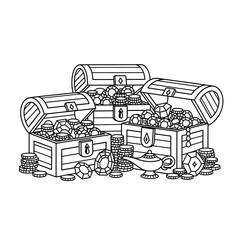 Treasure Chests Filled with Gems and Gold Coins, Aladdin's Lamp Illustration © fadli