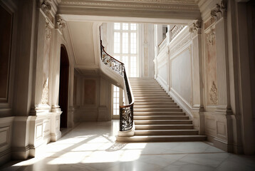 Naklejka premium A grand, marble staircase dominates a luxurious, empty interior of an opulent building.