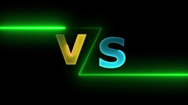 Neon "vs" text animation glow transition effect, futuristic battle symbol, tech comparison neon vs text animation