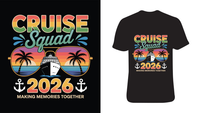 Cruise squad 2026 t shirt design with tropical sunset and ship