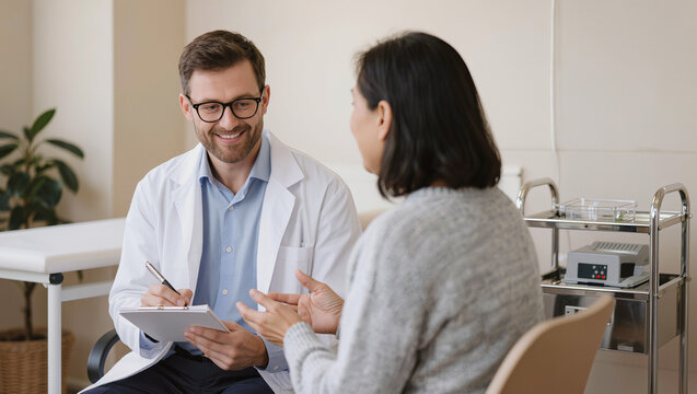 Smiling Doctor Consults with Female Patient in Modern Clinic Setting