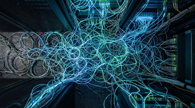 Tangled glowing fiber optic cables in a dark server room, complex network infrastructure and data chaos concept.