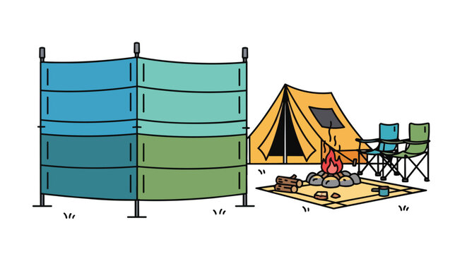 Outdoor camping scene illustration with yellow tent campfire folding chairs and blue windbreak for summer vacation