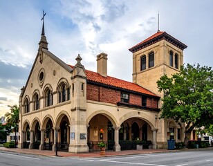 Obraz premium Historic architecture building with arches and steeple against a cloudy sky