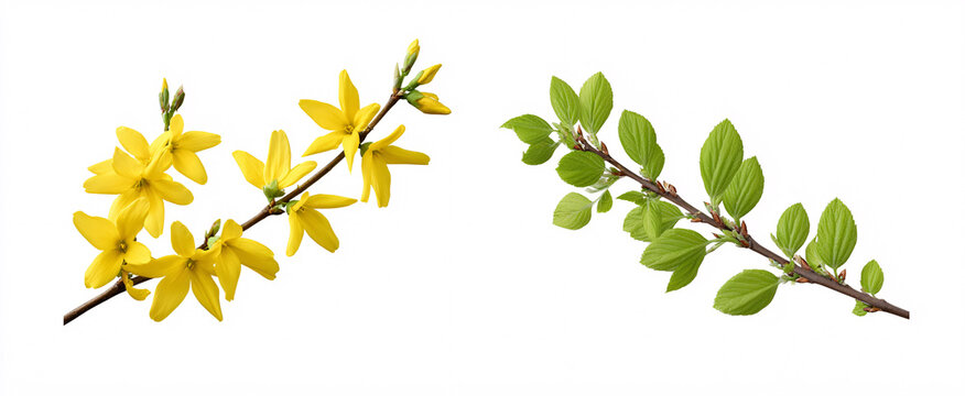 Forsythia and Chinese fringe tree collection isolated on white background with precise cutout