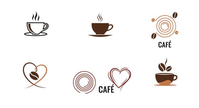 Collection of six coffee shop icons features steaming cups of espresso and coffee beans in various creative layouts for branding and logo design.