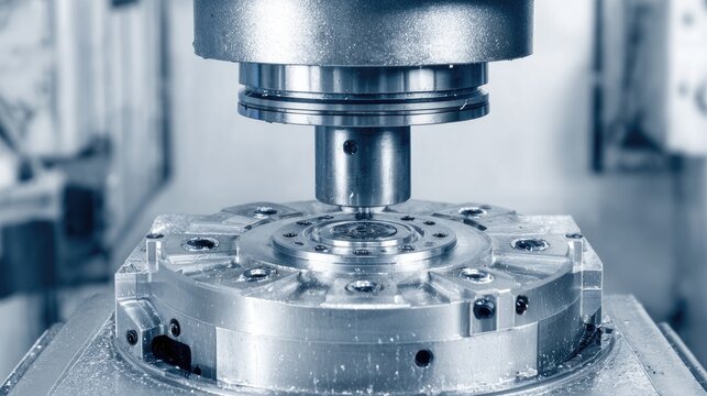 Precision CNC Milling Machine in Operation with Metal Component and Chips in Industrial Workshop Environment