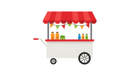 Obraz premium Mobile street food stall with a red and white awning sells refreshing juices and snacks in colorful bottles on a simple white backdrop for events.