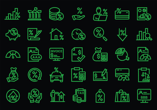 Loan and Credit web icons in line style. Credit card, deposit, car leasing, rate interest, calculator, income, rating, collection. Editable stroke. Vector illustration.