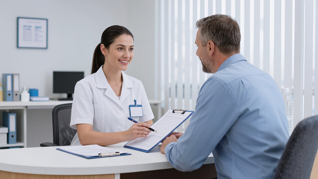 Smiling Female Doctor Consulting with Male Patient in Clinic