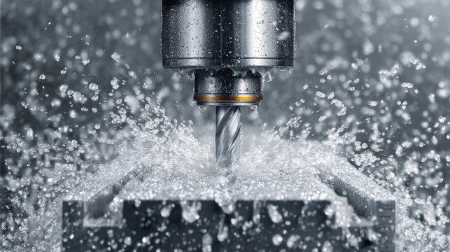 High-Speed Milling Machine Cutting Aluminum Block with Water Spray and Action in Industrial Workshop