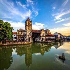 Obraz premium Historic architecture reflected in calm water under a vibrant sky at sunset