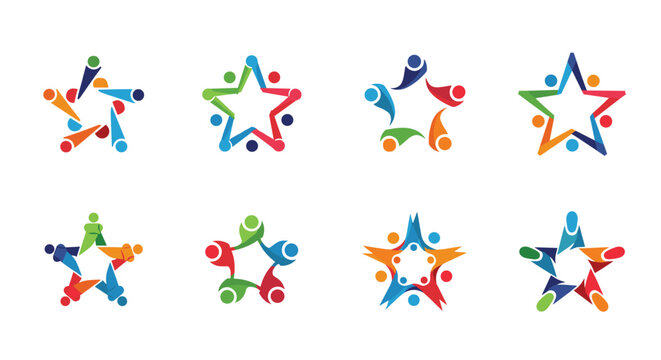 Collection of diverse colorful team unity logos featuring human figures forming star shapes to represent cooperation.