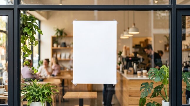 Blank white poster mockup on a cafe window with blurred interior