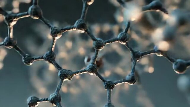 Carbon atoms bonding together, forming a molecular lattice structure with hexagonal patterns, creating an abstract representation of advanced materials and nanotechnology concepts