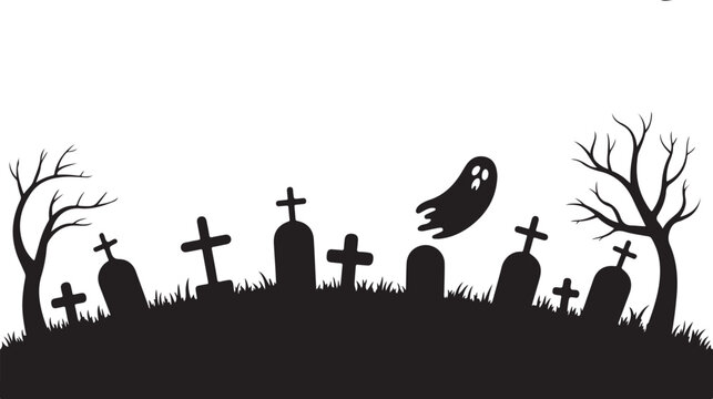 Silhouette of a spooky graveyard with tombstones, bare trees, and a ghost, perfect for halloween designs