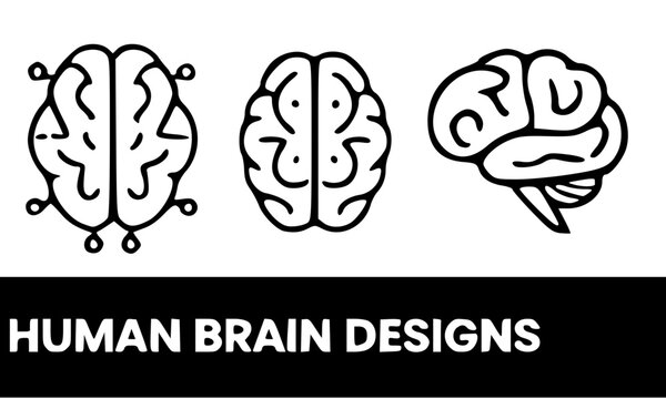  Set of three human brain outline icon designs featuring front and side views in minimal line art style, perfect for medical, neuroscience, technology, and artificial intelligence graphic projects