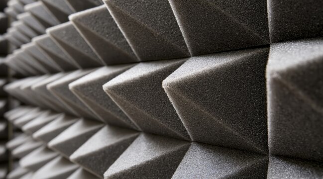 Close up of grey pyramid shaped acoustic foam panels for sound absorption