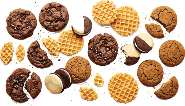 Assorted crunchy cookies chocolate biscuits and waffle crackers vector arrangement for sweet snack packaging designs