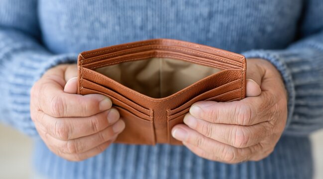 close up of hands holding empty brown leather wallet