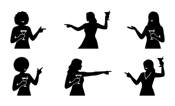 Silhouette Women with Cocktails, Diverse Poses, Party Icons, Celebration Graphics, Nightlife Vector Set