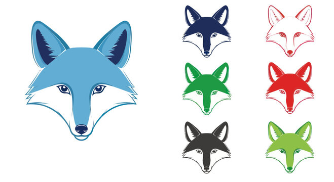 Set of Fox Heads, Colorful Vector Illustrations, White Background
