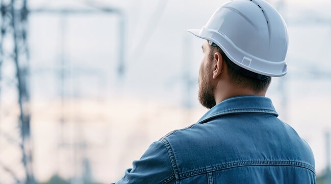Engineer in white helmet and denim jacket looking at electricity pylon background