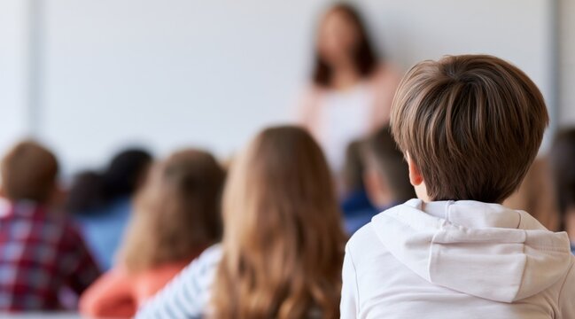 Back view of school children sitting in classroom listening to teacher
