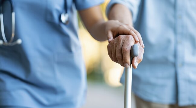 Nurse supporting senior patient hand on walking stick close up