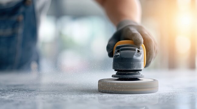 worker polishing stone surface with electric sander and flying dust