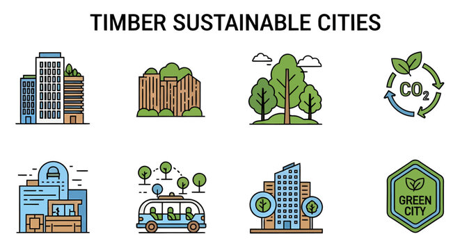 A collection of colorful icons illustrating timber sustainable cities, featuring eco-friendly buildings, green transport, forests, and carbon reduction symbols.