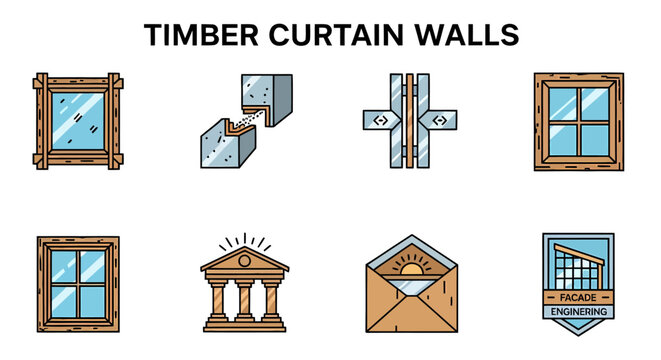Eight icons for timber curtain walls including mullions structural glass thermal breaks and facade engineering