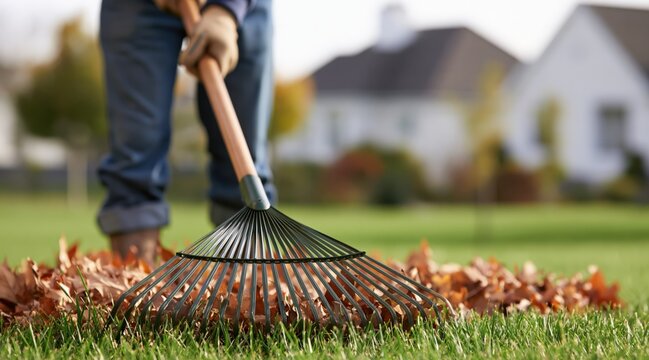 Man raking dry brown autumn leaves on green grass in backyard of suburban house