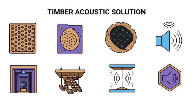 Eight timber acoustic solution icons including wood panels sound baffles diffusion and studio engineering labels