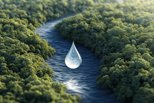 River flowing through forest with a single pure water drop. Ethical sourcing, legal compliance, and responsible water stewardship, representing transparent supply chains, environmental protection.