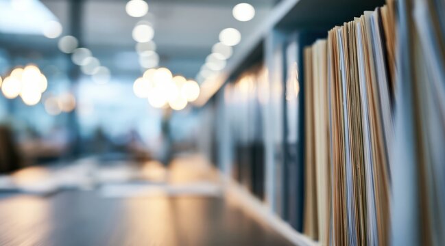 Close up of folders and documents on office shelf with bokeh background