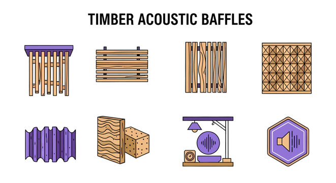 An illustration showcasing various designs of timber acoustic baffles and sound-absorbing panels for architectural and interior sound treatment.