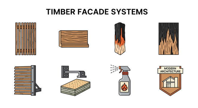 Infographic illustrating eight timber facade systems and components including vertical slats shiplap and charred wood