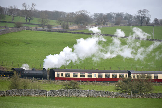 Steam locomotive on the Embsay railway near Skipton on the edge of the Yorkshire Dales National Park