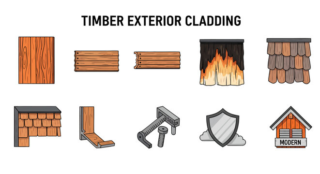 Infographic of timber exterior cladding types including cedar charred wood shingles trim and installation hardware