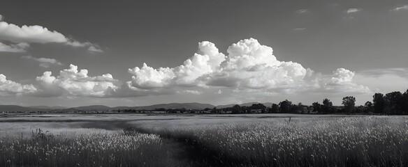 Naklejka premium The expansive field lies vast beneath a gloomy and overcast cloudy sky