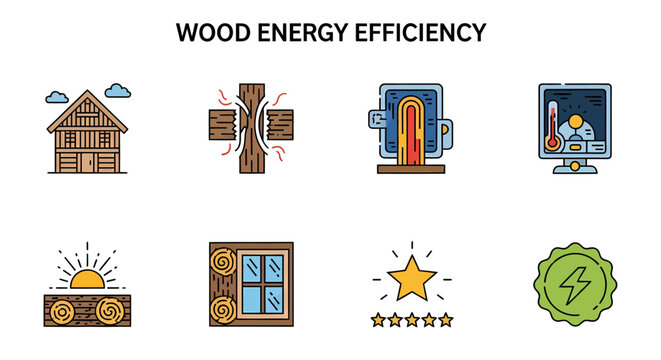 Set of eight colorful flat line icons for wood energy efficiency concepts like passive house insulation and solar gain