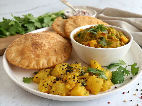 Navratri kuttu puri with aloo sabzi, realistic fasting meal shot