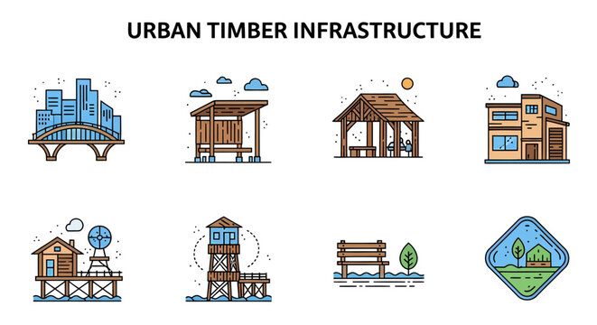 Set of urban timber infrastructure icons including a bridge pavilion tower and bench in flat line art style